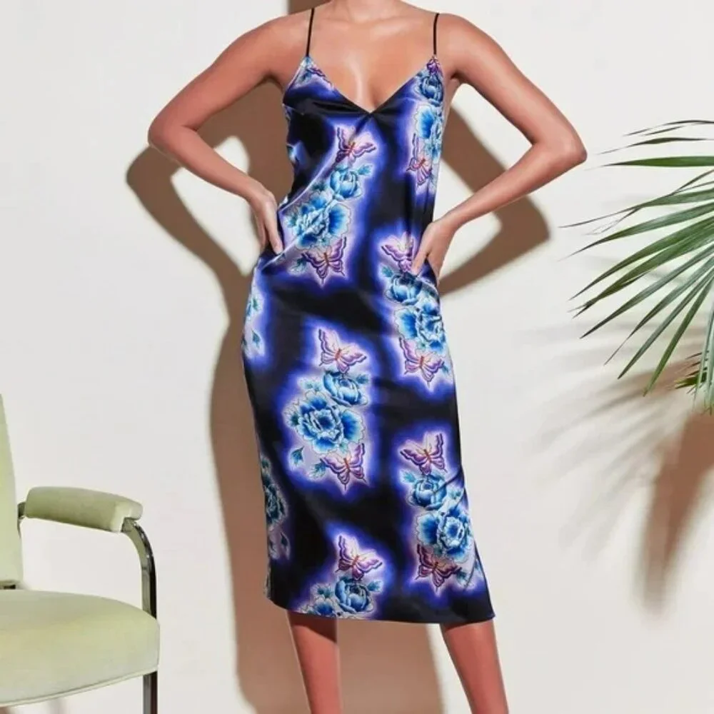 Fleur Du Mal Butterfly Silk Slip Dress